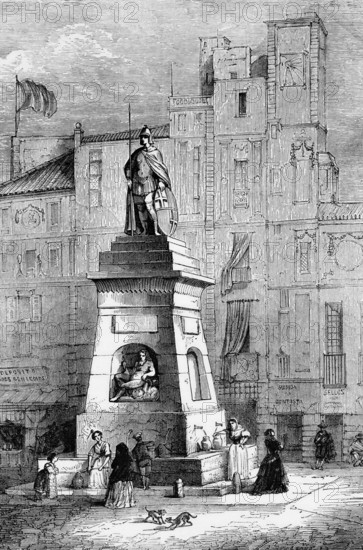 A street scene in Barcelona, Spain, around 1705 with the Old Man Fountain, digital reproduction of a historical model