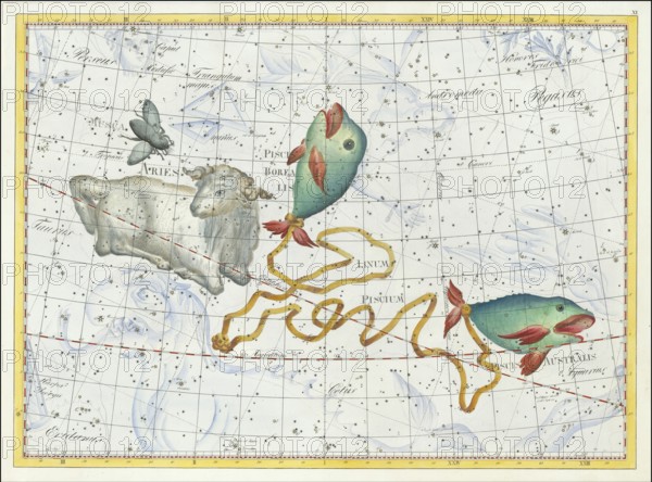 Zodiac sign, Aries, southern fish, Borealis, Linum piscium, star chart, universe, astrology, horoscope, after Johann Elert Bode (19 January 1747 to 23 November 1826), Prussian astronomer
