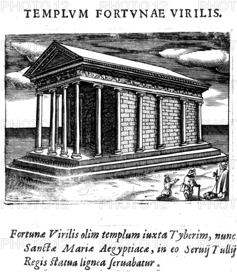 Il tempio della fortuna, Temple of Portunus, was a temple in Rome, Italy, probably dedicated to the harbour god Portunus, Historical, digitally enhanced reproduction from Grandezze della citta di Roma antiche et moderne by Jacomo Crulli de Marcucci, from 1630, Rome