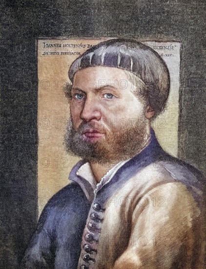 Hans Holbein the Younger, 1497, 1543, a German painter, coloured wood engraving, reproduction from a model from ca 1888, Historical, Renaissance portrait of a man with beard in front of a dark background
