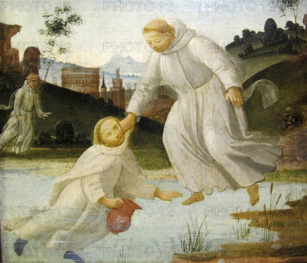 From the Legend of St Benedict Maurus, commissioned by Benedict, saves Placidus from drowning, Painting by Bartolomeo di Giovanni, 1488, Historical, digitally restored reproduction from a 19th century original, Record date not stated