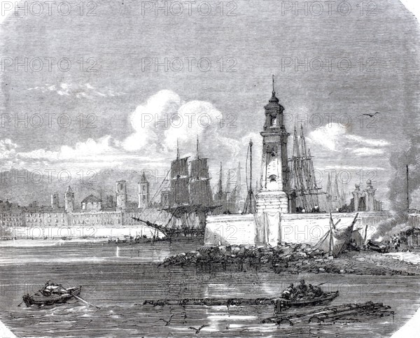 The lighthouse in the harbour of Barcelona in 1875, Spain, digitally enhanced reproduction from a 19th century original, historical, exact date unknown