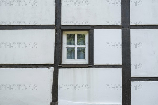 Stable window in a half-timbered barn, Münsterland, North Rhine-Westphalia, Germany