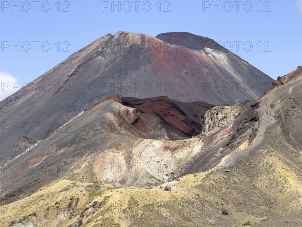 On the hiking trail of the Tongariro Alpine Crossing in Tongariro National Park with a view of the volcano Mount Ngauruhoe, North Island, New Zealand, Oceania