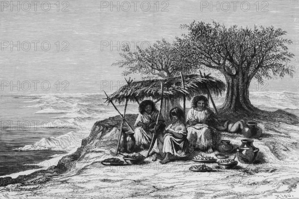 Indian tavern with three woman under trees on a hill, lake, mountain landscape, shelter, jug with drinks, bowls with fruit, South America, historical illustration 1888