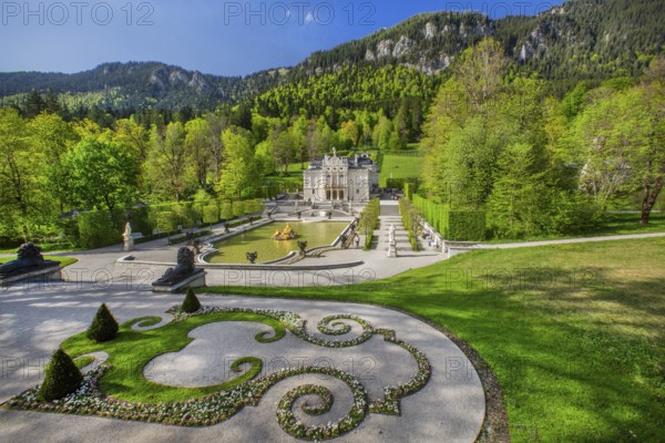 Water parterre with the portal of Linderhof Castle in spring, municipality of Ettal, Ammergau Alps, Ammertal, Upper Bavaria, Bavaria, Germany
