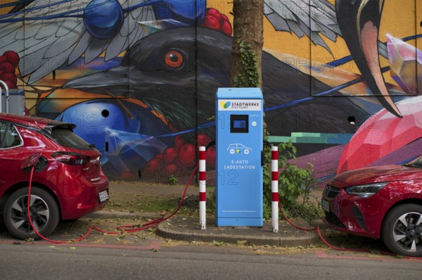 Charging station Stadtwerke Stuttgart for electric cars, charging station, e-filling station, e-mobility, charging cable leads into e-car, Stadtmobil Car Rental, car sharing, station, logo, behind it graffiti, Vogel, Stuttgart, Baden-Württemberg, Germany