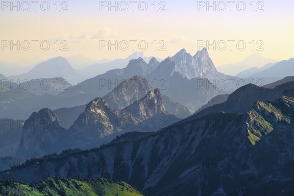 View from Mount Gantrisch, sunset over the Fribourg Pre-Alps, Canton of Bern, Switzerland