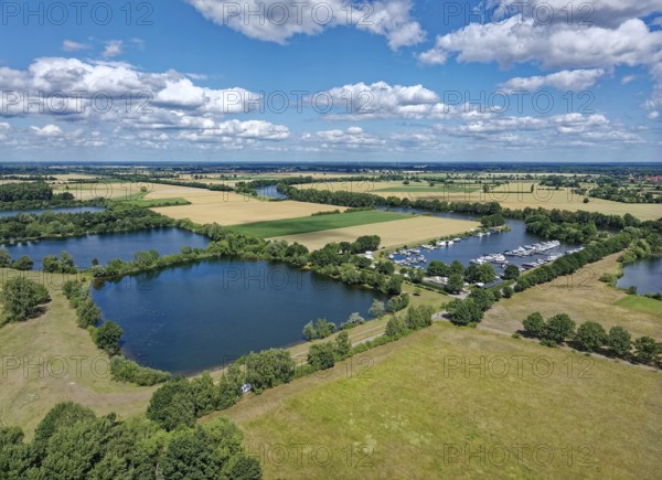 The Mehlbergen marina on the Weser, aerial view. Mehlbergen, Lower Saxony, Germany