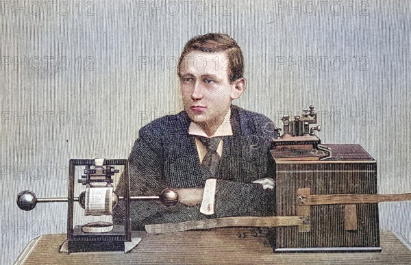 Marconi and his telegraph apparatus. Guglielmo (since 1924 Marchese) Marconi (1874-1937) was an Italian researcher, entrepreneur and pioneer of wireless telecommunication, coloured wood engraving, reproduction of a model from ca 1888, historical, man in suit with historical equipment on a table