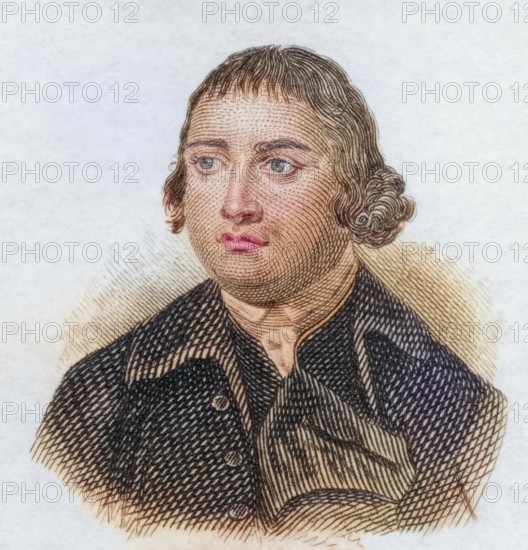 Charles Churchill, (born February 1732 in Westminster, died 4 November 1764 in Boulogne-sur-Mer) was an English poet, coloured woodcut from Crabbe's Historical Dictionary from 1825, Historical, digital reproduction