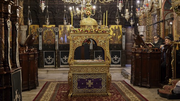 Epitaphio, richly decorated church interior with altar, icons and candlesticks, Holy Week, Bay of Panormitis, Panormitis Monastery, Symi, Dodecanese, Greek Islands, Greece