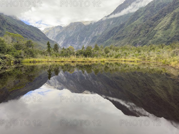 Hiking trail of the Roberts Point Track at Franz Josef Glacier with reflections of mountains in the water, Franz Josef, Waiau, South Island, New Zealand, Oceania
