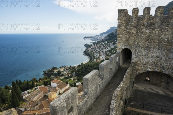 Picturesque mountain village overlooking the sea, Roquebrune, Roquebrune-Cap-Martin, near Monaco, Cote d'Azur, Alpes-Maritimes, Provence-Alpes-Cote-d'Azur, South of France, France