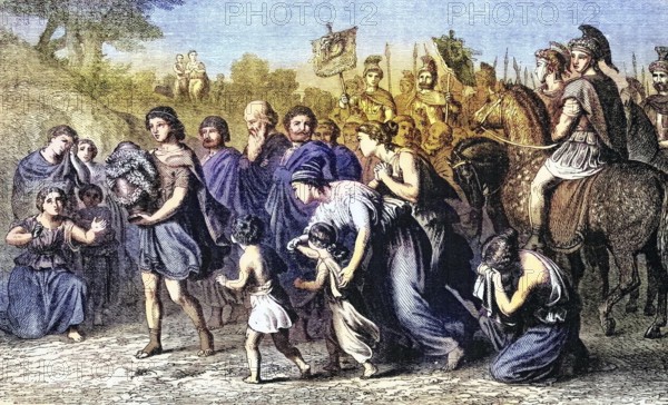 The ashes of Philopoimen, the last Greek, were brought to Megalopolis in Greece in 183 BC, digital reproduction of a historical model