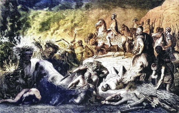 A re-enacted night march during the campaigns of 218 to 201 BC by Hannibal, the military commander and tactician widely regarded as one of the greatest military commanders in history, digital reproduction of a historical model