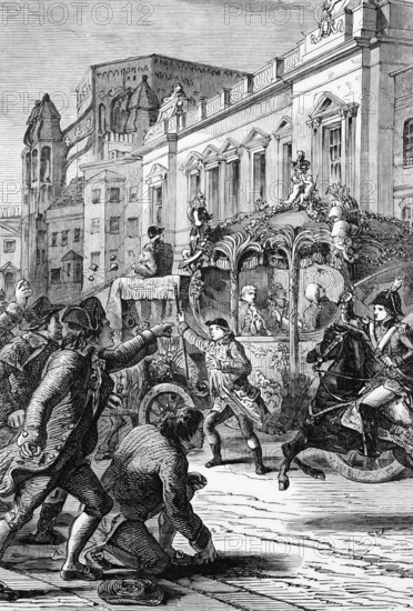 The assassination of King George III on his way to the House of Lords in 1795, the plot involved the use of a poisoned dart from a toy gun to prematurely end the King's reign, England, digital reproduction of a historical original