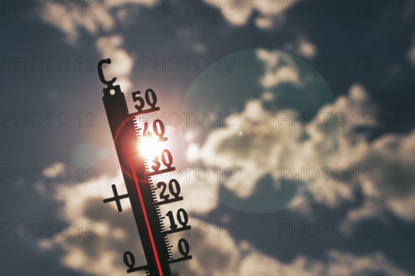 Symbolic image heat wave, thermometer in the sun, summer, climate change, temperature, record heat, heat, clouds, hot, Stuttgart, Baden-Württemberg, Germany