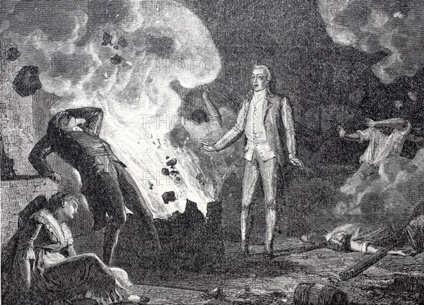 Explosion at the Essonne explosives factory, France, around 1788, production of powder with potassium chlorate, based on an experiment by Claude Berthollet, digitally enhanced reproduction of a 19th century model, historical