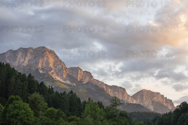 Sunrise at Maria Gern with a view of the Untersberg massif with the Berchtesgadener Hochthron summit