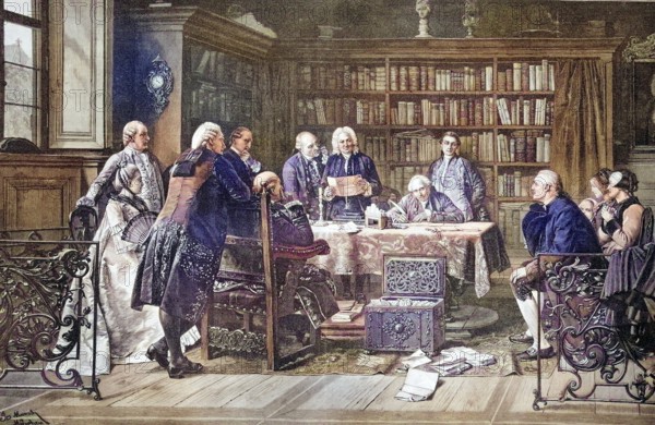 Opening of the will by the notary in front of the extended family, coloured wood engraving, reproduction of a model from ca 1888, historical, discussion about documents in a magnificent library of the baroque era
