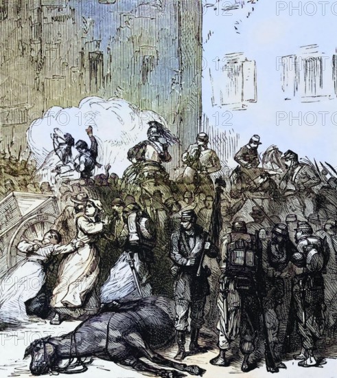 Victims of war, a street in a bombed city during the Franco-Prussian War from 1870 to 1871, digital reproduction of a historical model