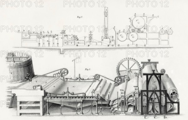 Papierherstellungsmaschine aus dem 19. Jahrhundert. Aus der Cyclopaedia of Useful Arts and Manufactures von Charles Tomlinson., digitale Reproduktion einer historischen Vorlage