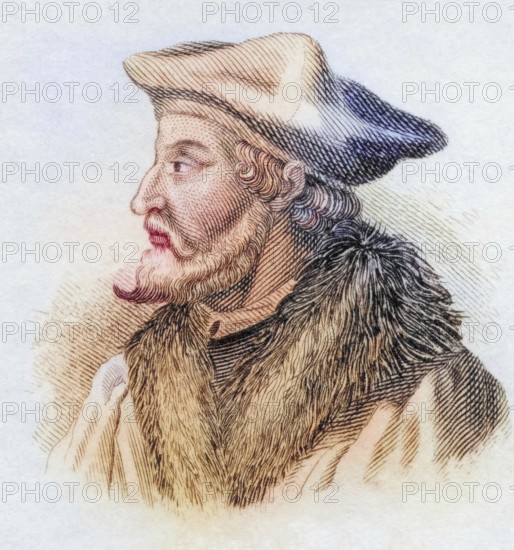 Paolo Giovio, Paulus Iovius, (born 21 April 1483 or 1486 in Como, died 11 December 1552 in Florence) was an Italian historian, biographer, Catholic bishop and physician, coloured woodcut from Crabbe's Historical Dictionary from 1825, Historical, digital reproduction