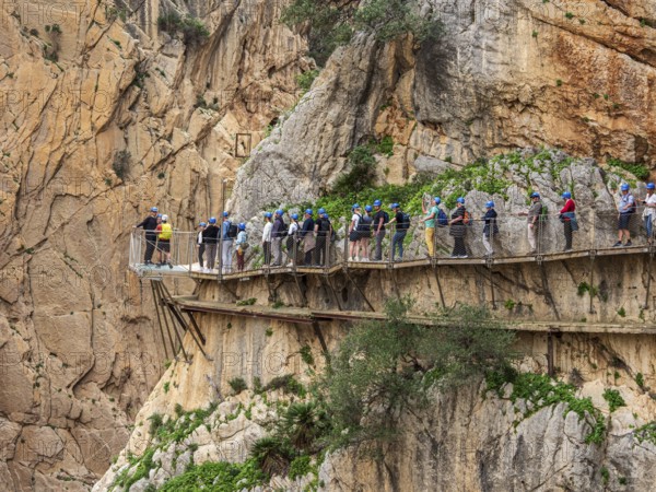 Tourists on the elevated path of the caminito del rey, along a deep gorge, Andalusia, Spain