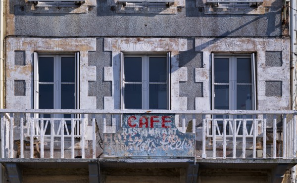 Former café restaurant, derelict, abandoned, Grandcamp-Maisy, Normandy, Calvados, France