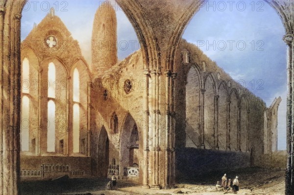 Interior of Cashel Abbey, Connemara, County Galway, Ireland, from the Landscape and Antiquities of Ireland, 1841, digital reproduction of a historical model