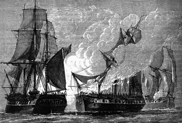 The Battle of Cuddalore was a battle between a British fleet under Admiral Sir Edward Hughes and a slightly smaller French fleet under the Bailli de Suffren off the coast of India near Cuddalore during the American War of Independence on 20 June 1783, after peace had been signed in Europe but in front of the news reached India, digital reproduction of a historical model