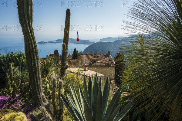 Picturesque mountain village overlooking the sea, Jardin Exotique, Èze, Cote d'Azur, Alpes-Maritimes, Provence-Alpes-Cote-d'Azur, South of France, France