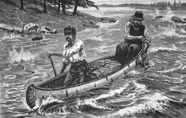 With the boat through the rapids, around 1870, Canadian canoeists, digital reproduction of a historical model