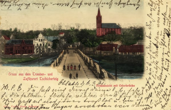 Historical postcard, picture postcard, Oder bridge in the spa town of Tschicherzig in Silesia, today Cigacice in Poland, digitally enhanced reproduction of an original from around 1900, picture postcard