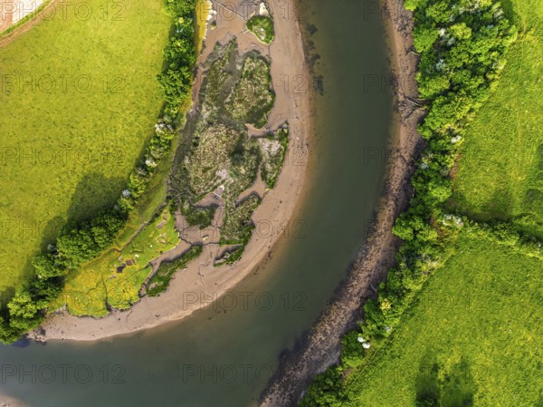 Top Down over Marshes over River Dart from a drone, Stoke Gabriel, Totnes, Devon, England, United Kingdom