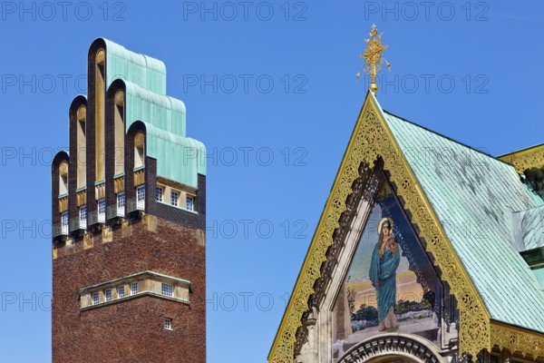 Wedding Tower and Russian Chapel, Mathildenhöhe, UNESCO World Heritage Site, Darmstadt, Hesse, Germany