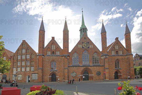 Holy Ghost Hospital with pointed towers, Brick Gothic, Brick building, Old Town, Lübeck, Schleswig-Holstein, Germany