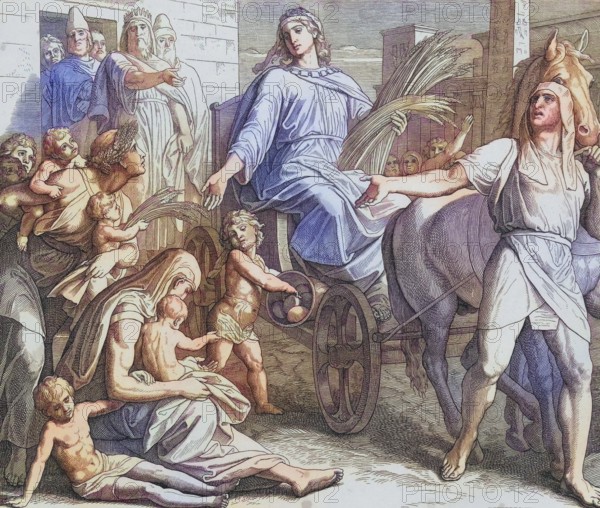 Biblical story, Joseph is promoted by Pharaoh, digitally enhanced reproduction of a wood engraving by Julius Schnorr von Carolsfeld, historical, around 1860, exact date unknown