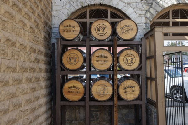 Wooden whiskey barrels on display in downtown Lynchburg, Tennessee