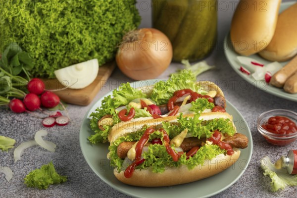 Hot dogs with ketchup, mustard, lettuce and radishes on a green plate