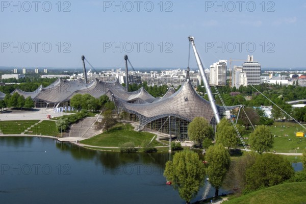 View from the Olympiaberg to the Olympic Lake, Olympic Hall, Olympic Swimming Pool, Olympic Park, Munich, Bavaria, Germany