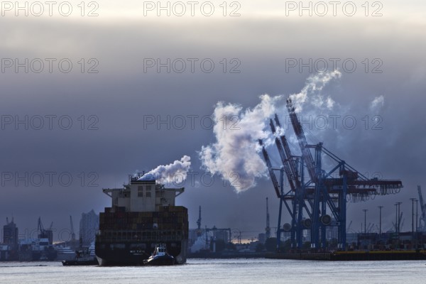 Container ship MSC Tokyo with two small tugs near the Burchardkai container terminal in the Port of Hamburg, Germany