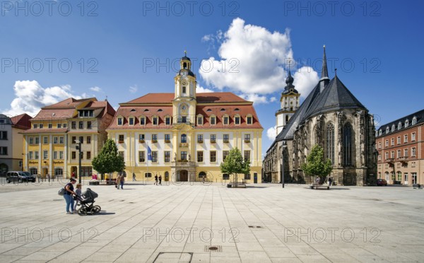 Baroque town hall, Protestant late Gothic St. Mary's Church, town church, and Mohren Pharmacy, market square, Weißenfels, Saxony-Anhalt, Germany