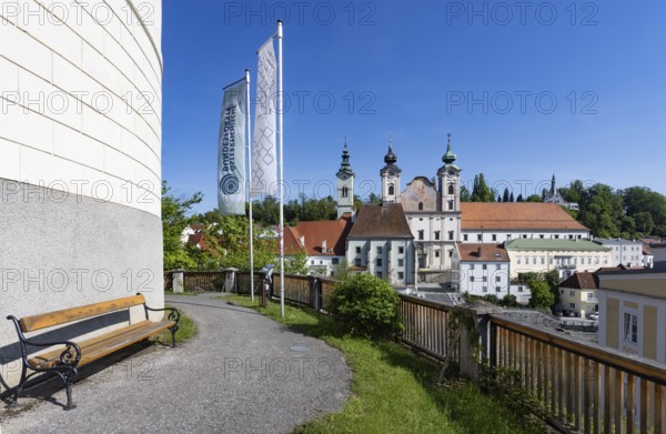 View from Lamberg Castle to the Bürgerspitalskirche and St Michael's Church, Steyr, Traunviertel, Upper Austria, Austria
