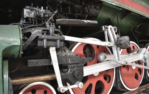 Driving wheels of the express train, steam locomotive P36 123 in the Prora Museum, Mecklenburg-Vorpommern, Germany