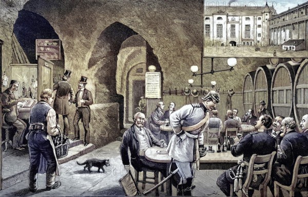 The blood dish was a historical wine and gourmet delicacy in Königsberg, which was housed in the cellar vaults of the north wing in Königsberg Castle, East Prussia, Russia, illustration, published 1890, reproduction, digitally enhanced, Historical