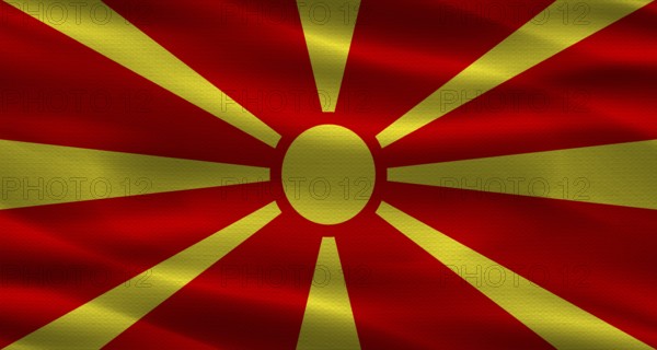 North Macedonia flag with fabric texture. Realistic flag of North Macedonia waving