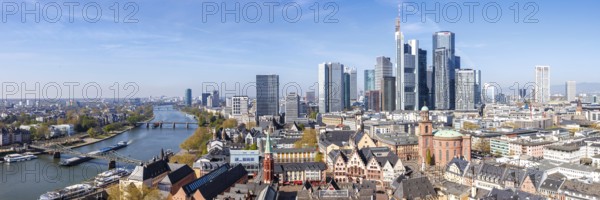 Frankfurt skyline skyscrapers in the city centre with Römer and river Main from above panorama in Frankfurt, Germany