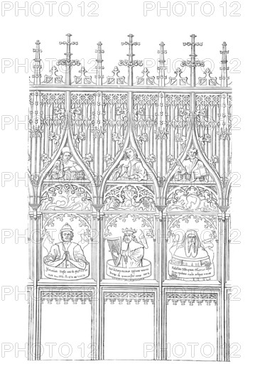 Choir stalls by Jörg Syrlin the Elder (c. 1470) on the north side of the Minster of Our Lady of Ulm, Ulm Minster for short, Baden-Württemberg, Germany, Historical, digitally enhanced reproduction of a model from around 1860